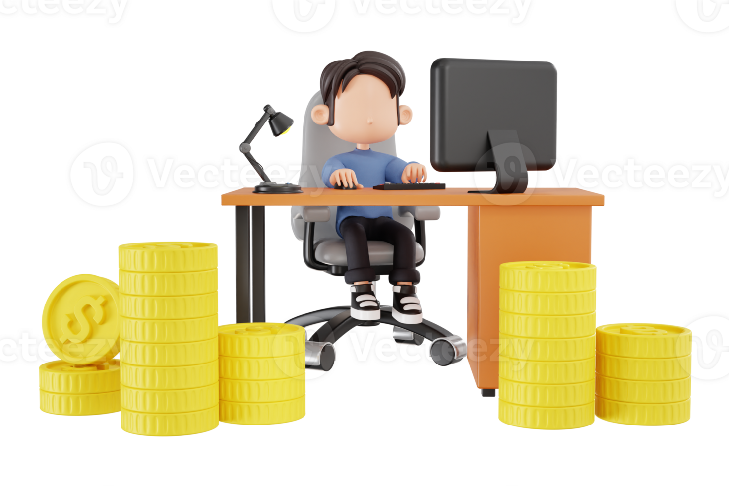 3d man making money online working from home png