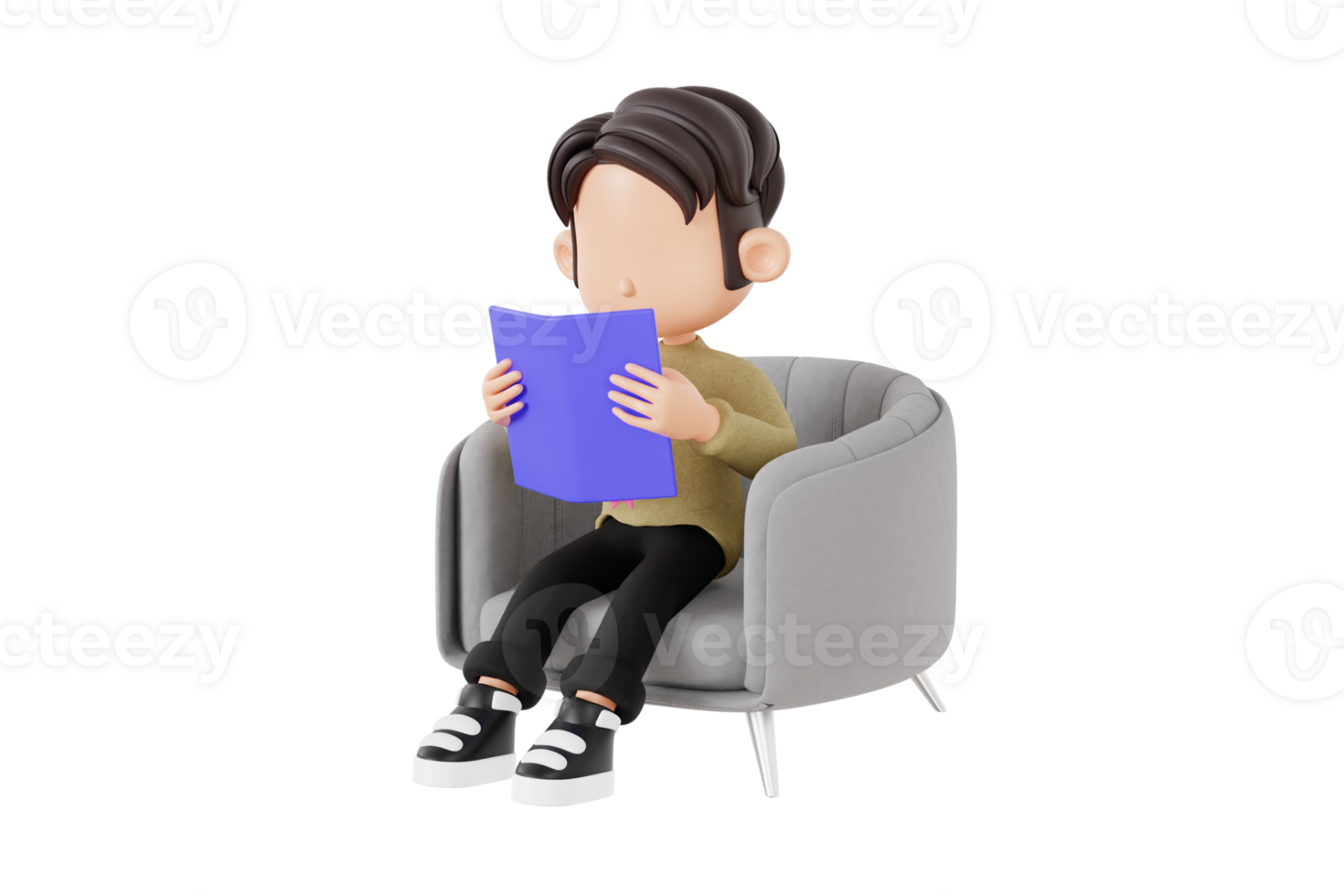 3d cartoon boy reading a book in an armchair png