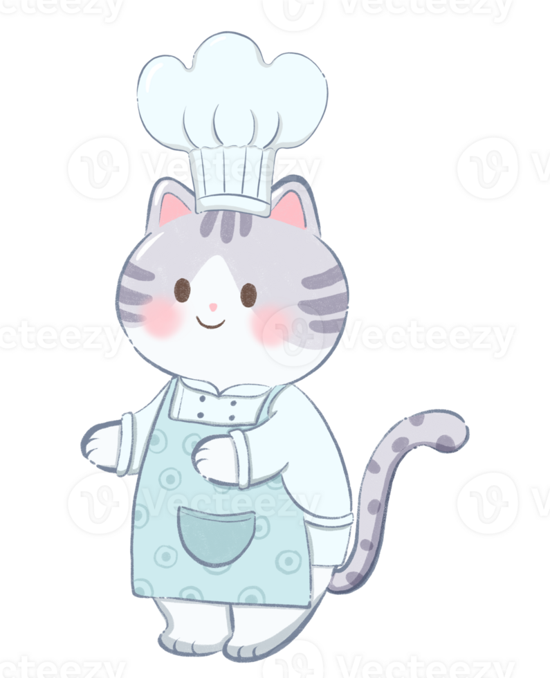 cat in a chef's uniform, cartoon cat illustration, flat decorative cat drawing clipart png