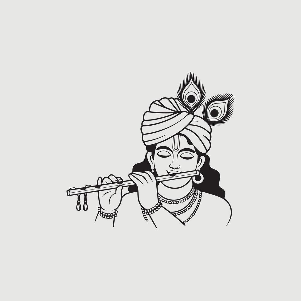 Black and white illustration of Krishna playing the flute with peacock feathers Hindu vector