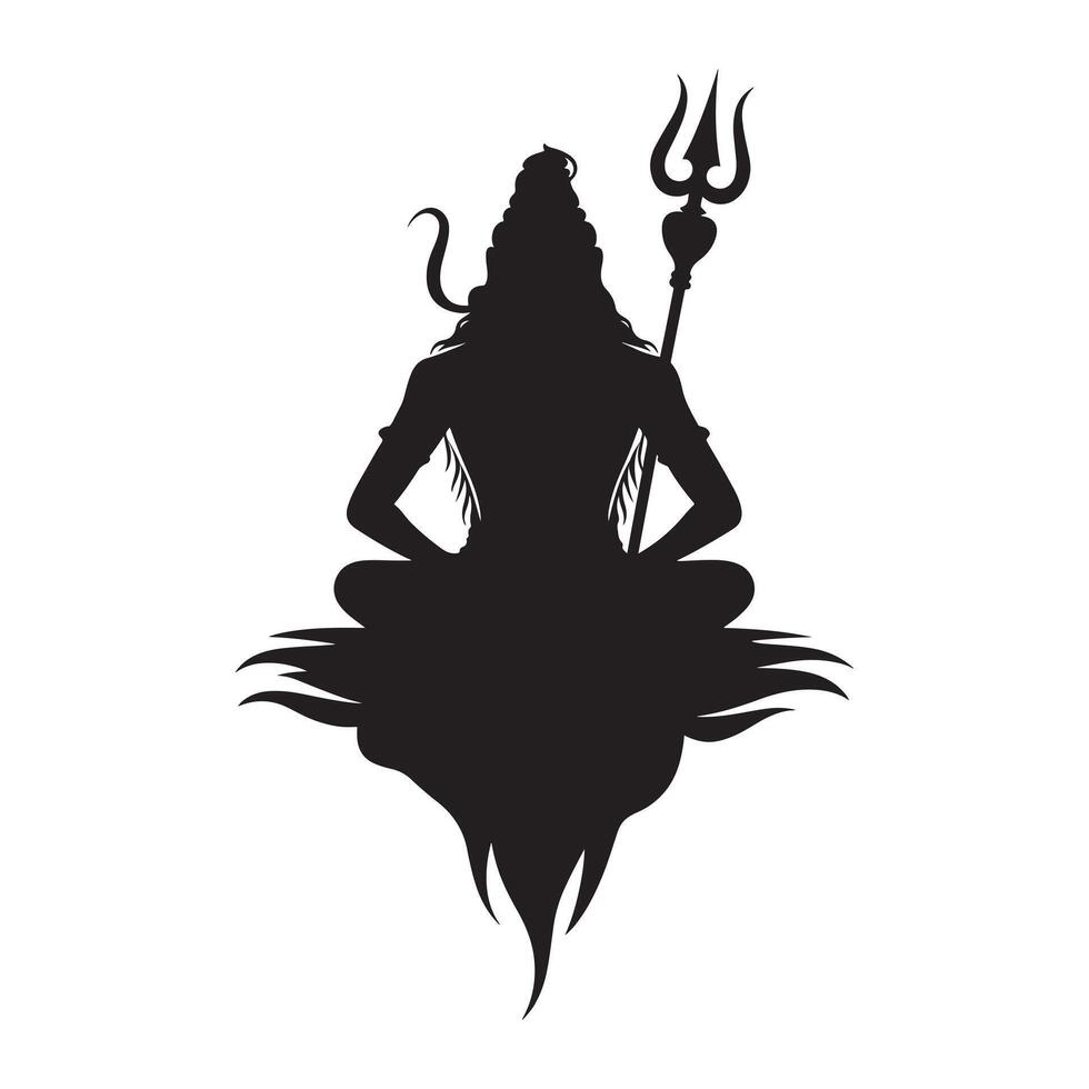 Black silhouette of Lord Shiva meditating with trident and flowing hair Hinduism Hindu god vector