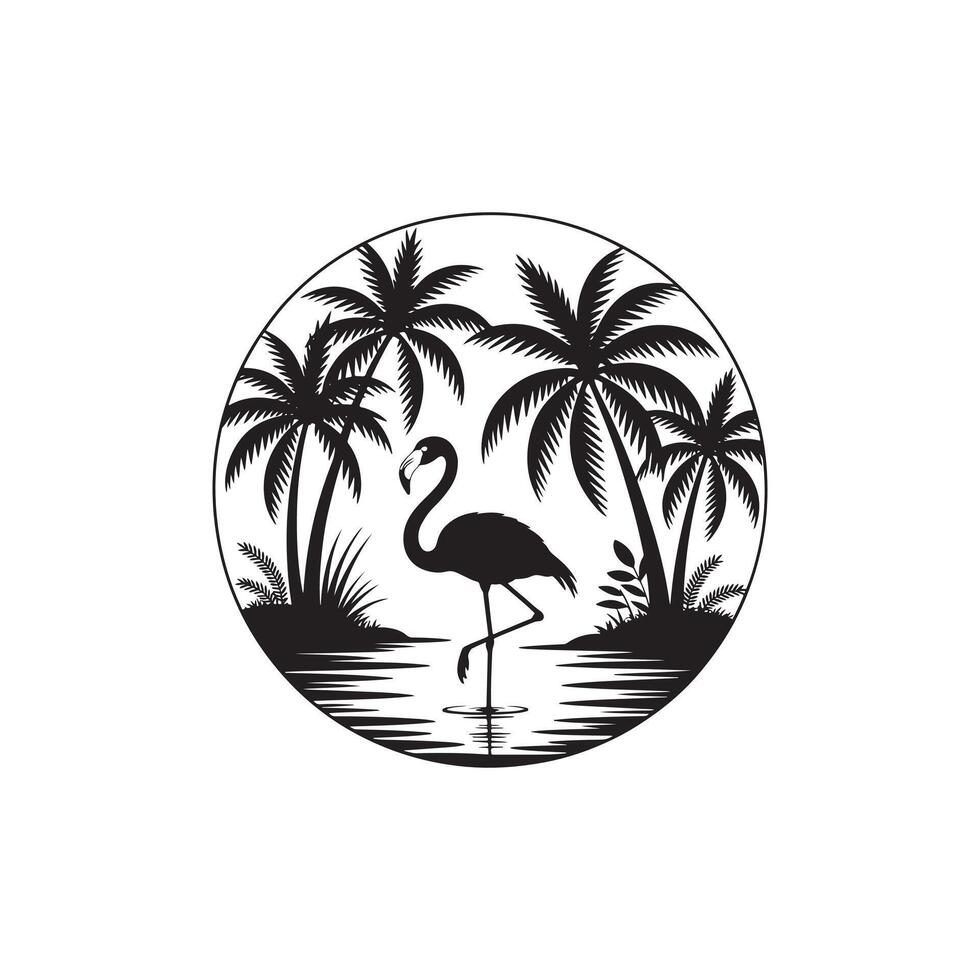 Black silhouette of a flamingo standing in water with palm trees black and white tropical vector
