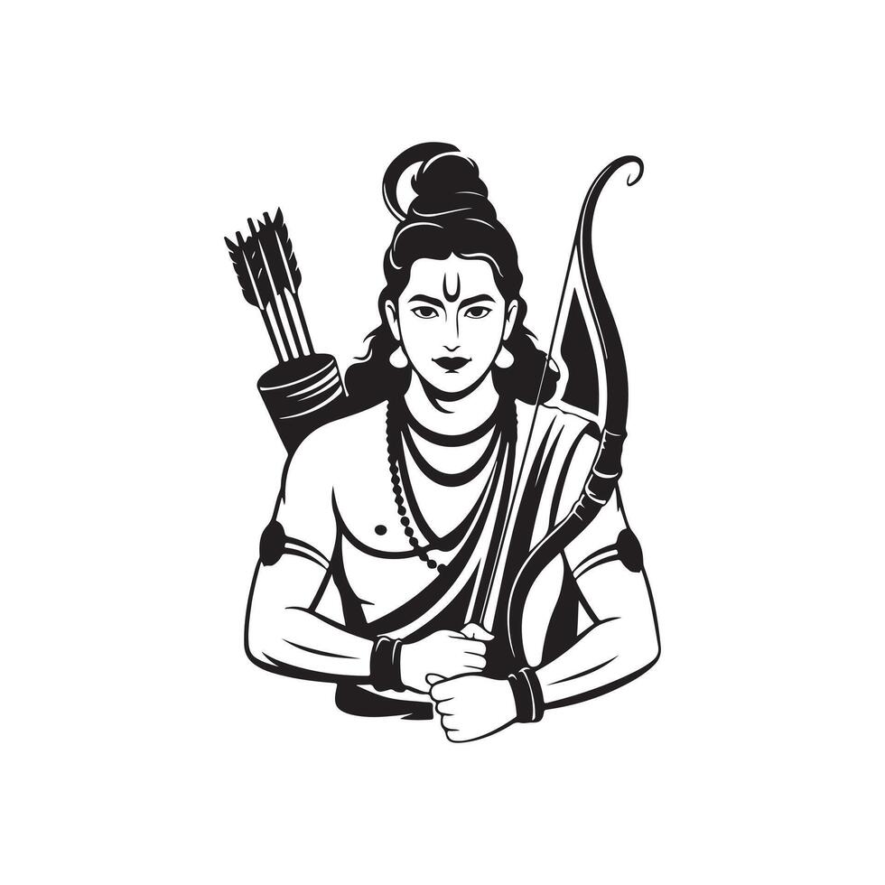 Black and white illustration of Lord Rama with bow and arrows Hindu god Indian mythology vector