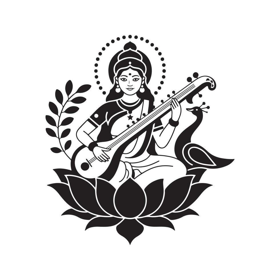 Black and white illustration of Saraswati playing veena with peacock and lotus Hindu goddess vector