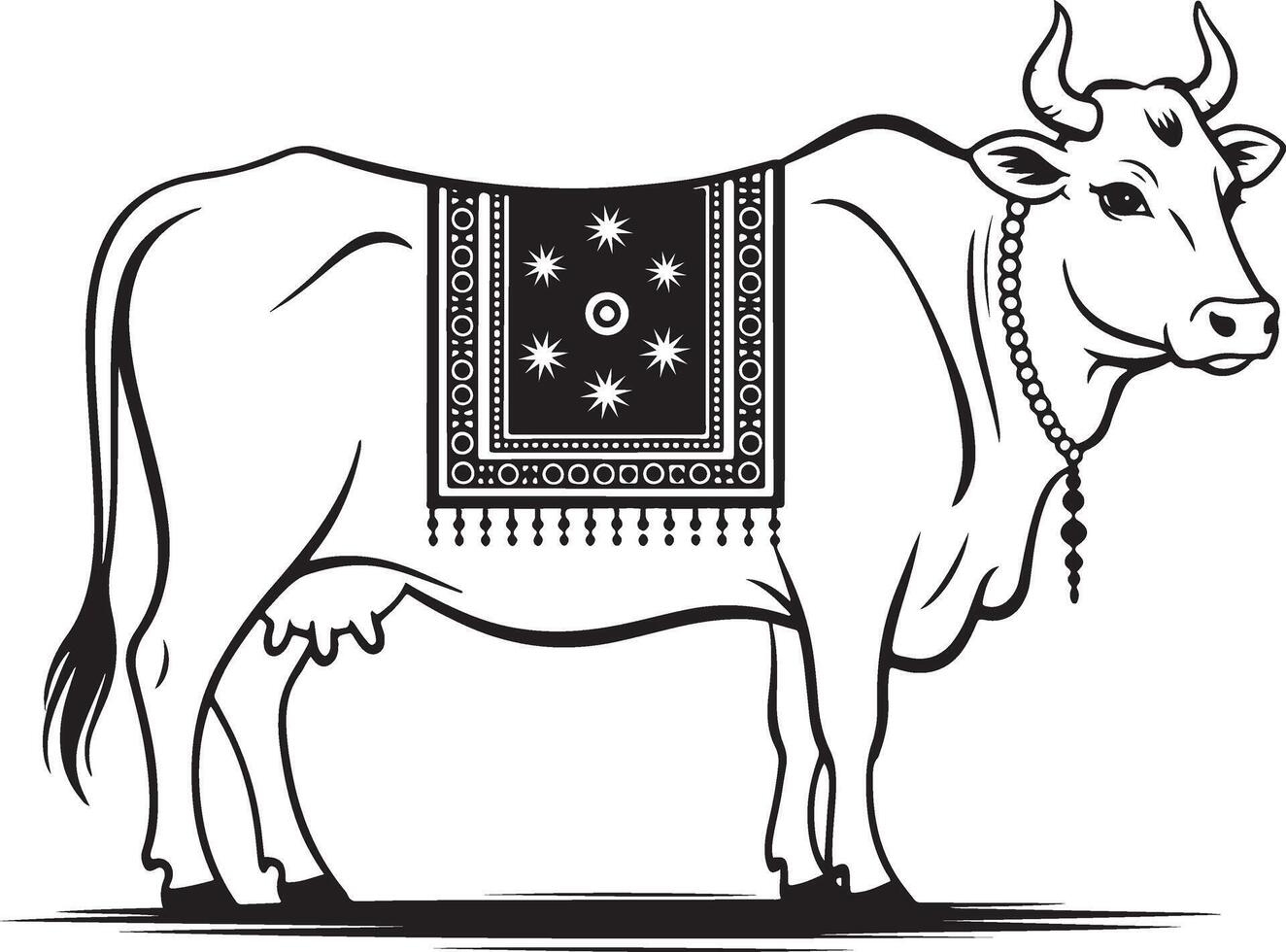 Black and white line art illustration of a decorated cow cattle animal vector