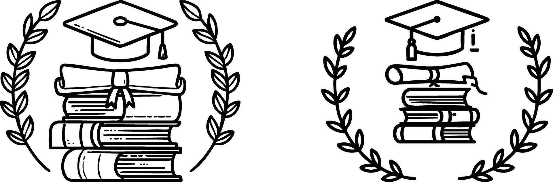 Graduation cap and diploma on books with laurel wreath outline education academic vector