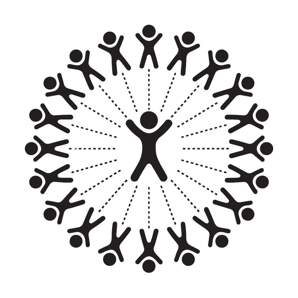Black stick figures in circle around central figure with dotted lines group people vector