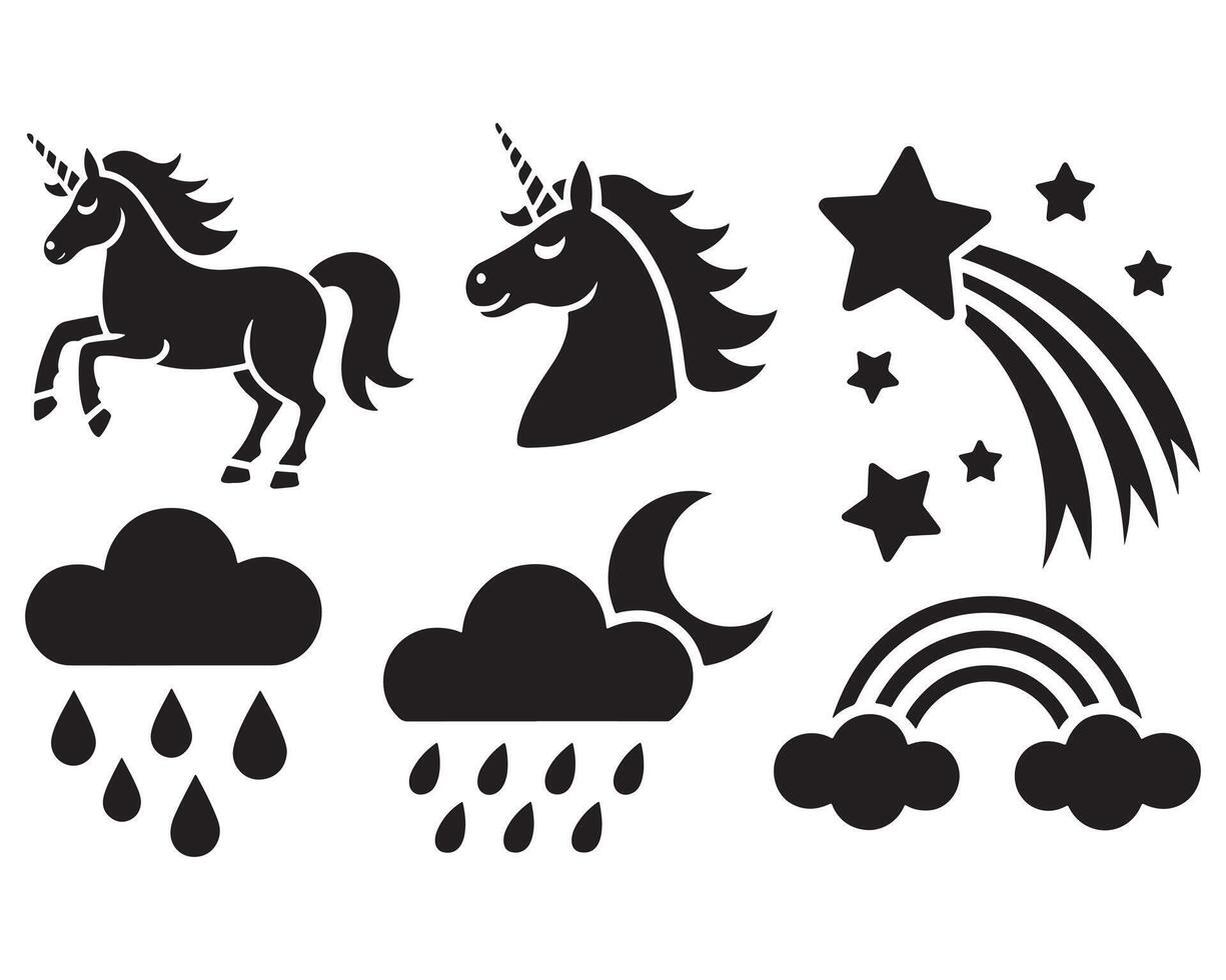 Black silhouette unicorn rainbow clouds shooting stars and rain drops white background vector