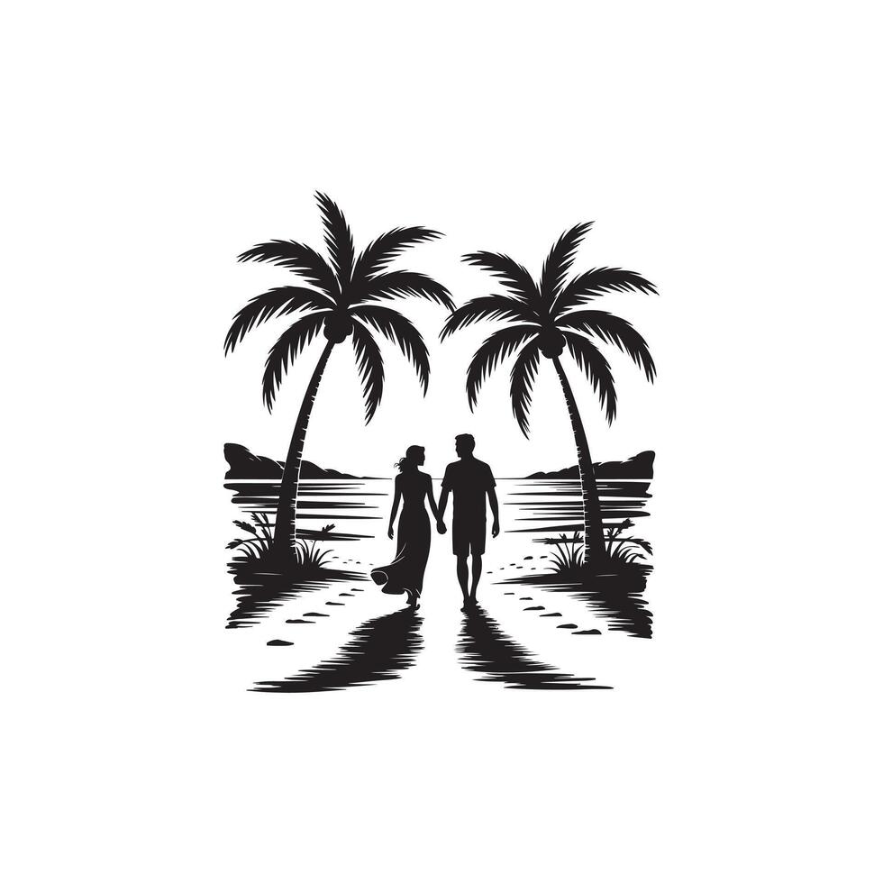 Couple walking hand in hand on a beach with palm trees and ocean vector