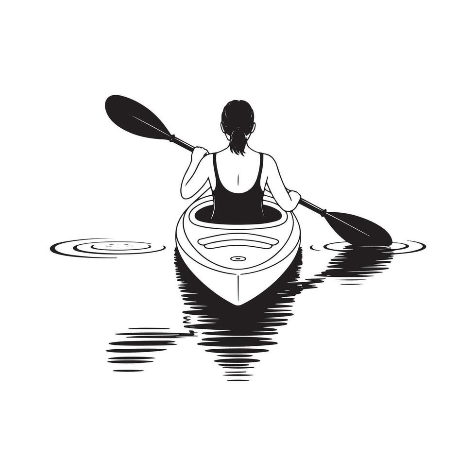 Woman paddling kayak on water with ripples and reflection kayaking vector