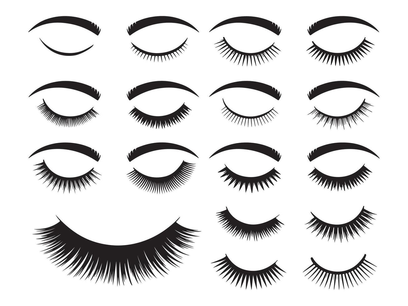 Collection of Black Eyelashes and Eyebrows on White Background beauty makeup vector
