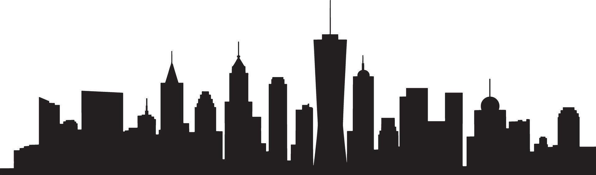 Black silhouette of a diverse city skyline with varied building heights black and white vector