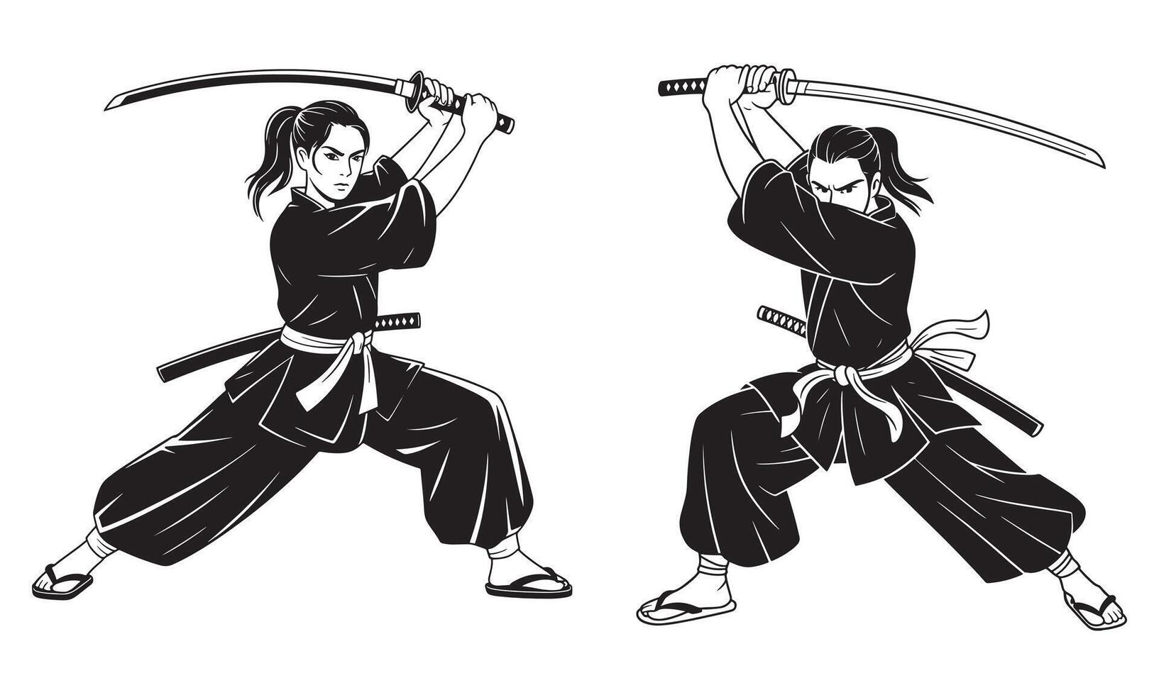 Two figures in black samurai attire holding katana swords in defensive stances warrior vector