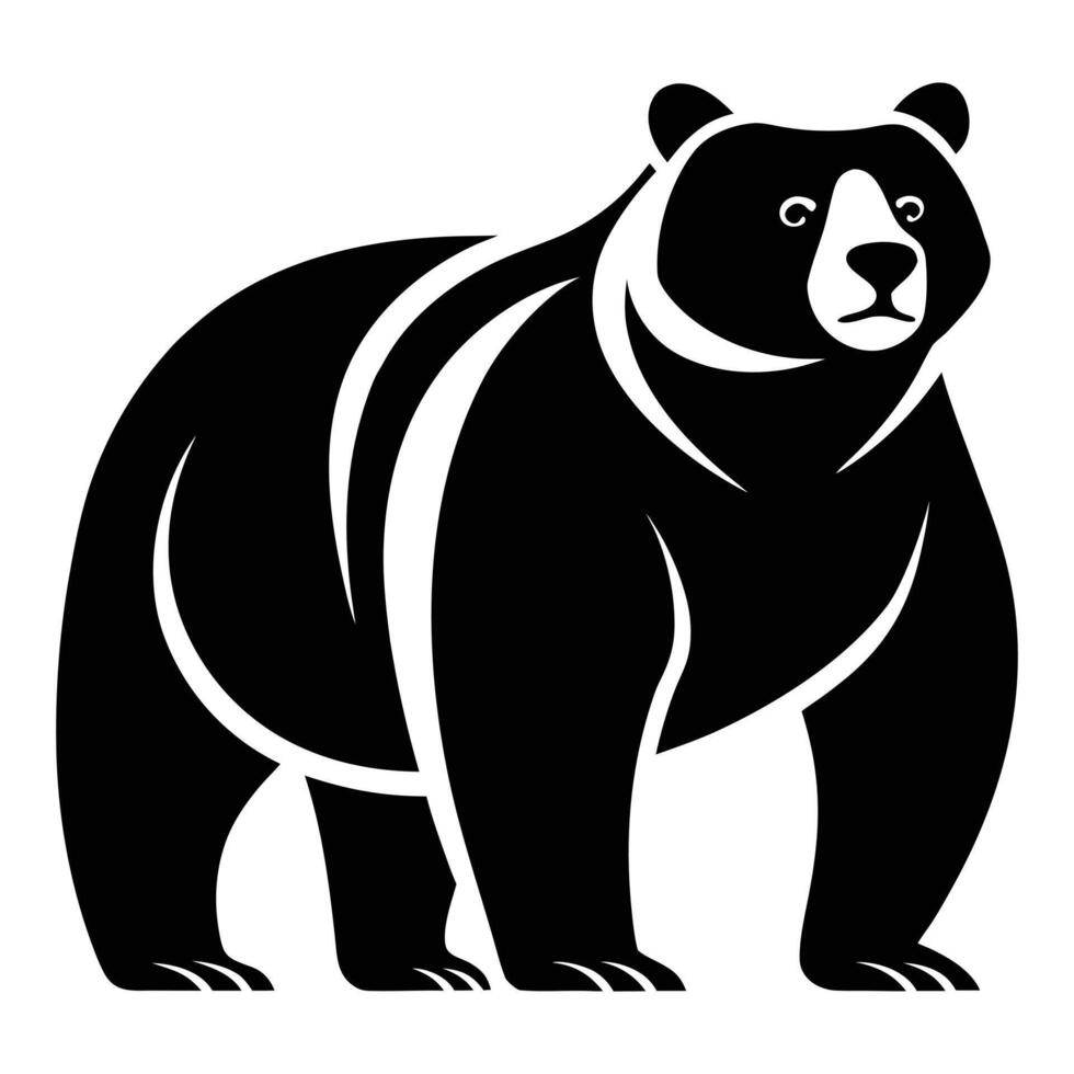Black and white illustration of a standing bear with curved white details on a white background vector