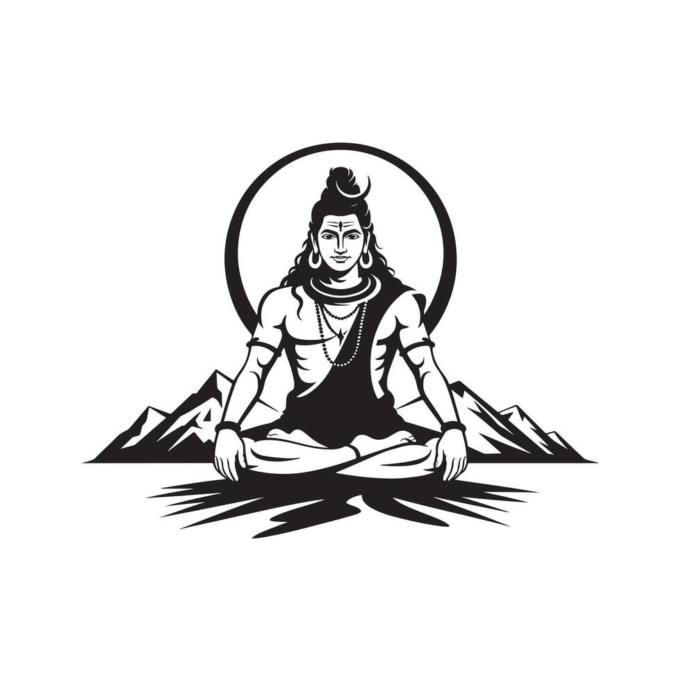Lord Shiva meditating in lotus position with mountains and circle Hinduism Hindu god vector