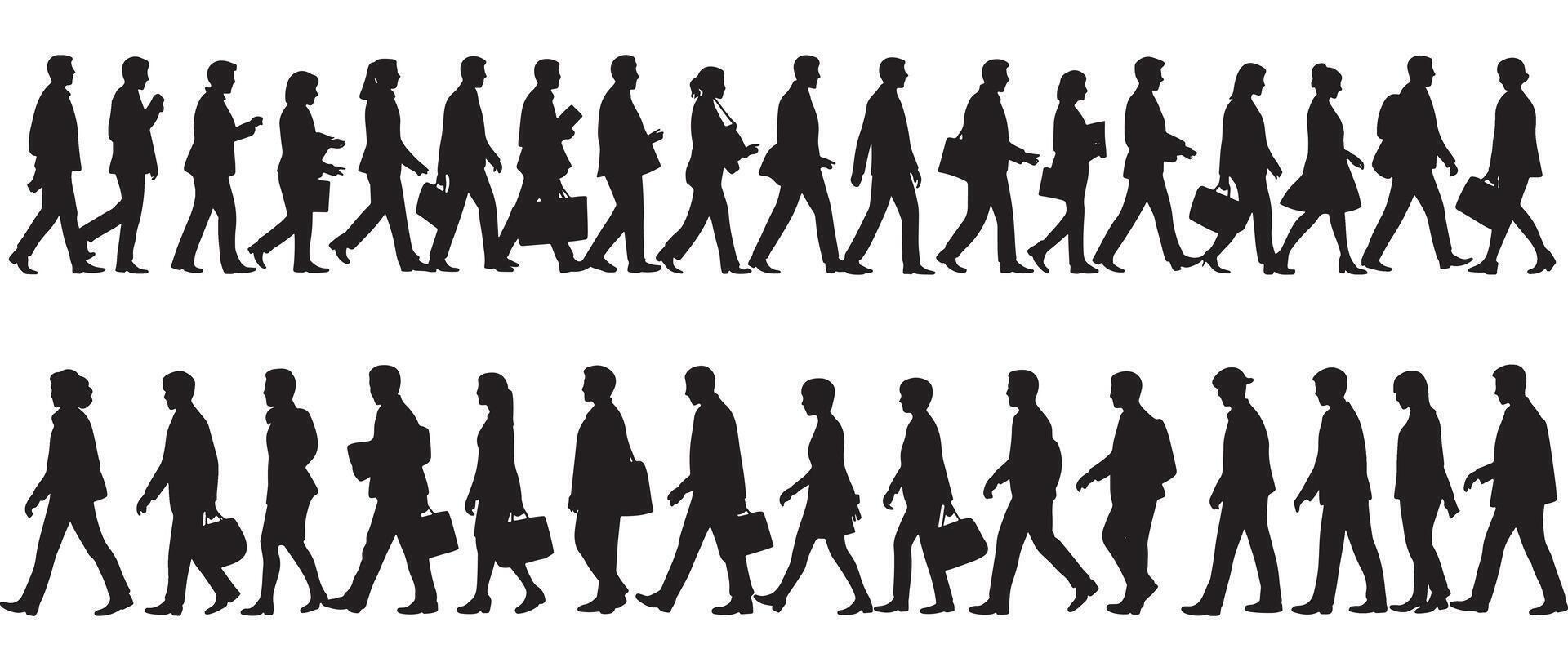 Diverse group of business people walking in silhouette against white background vector