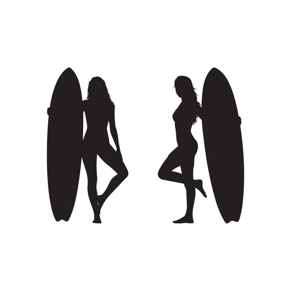 Two female silhouettes holding surfboards on white background woman surfer vector