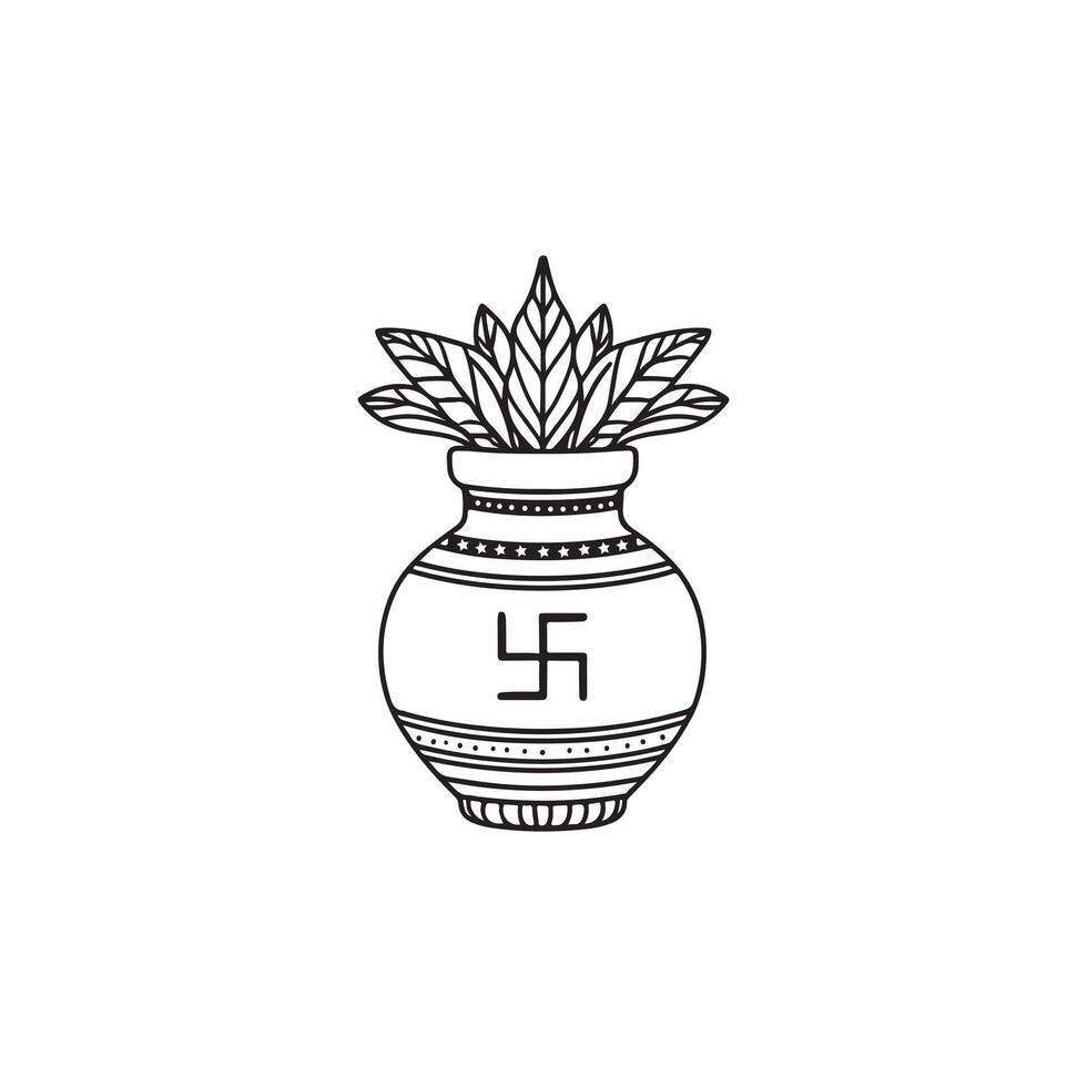 Black and white illustration of a Kalash pot with swastika and leaves symbol auspicious vector