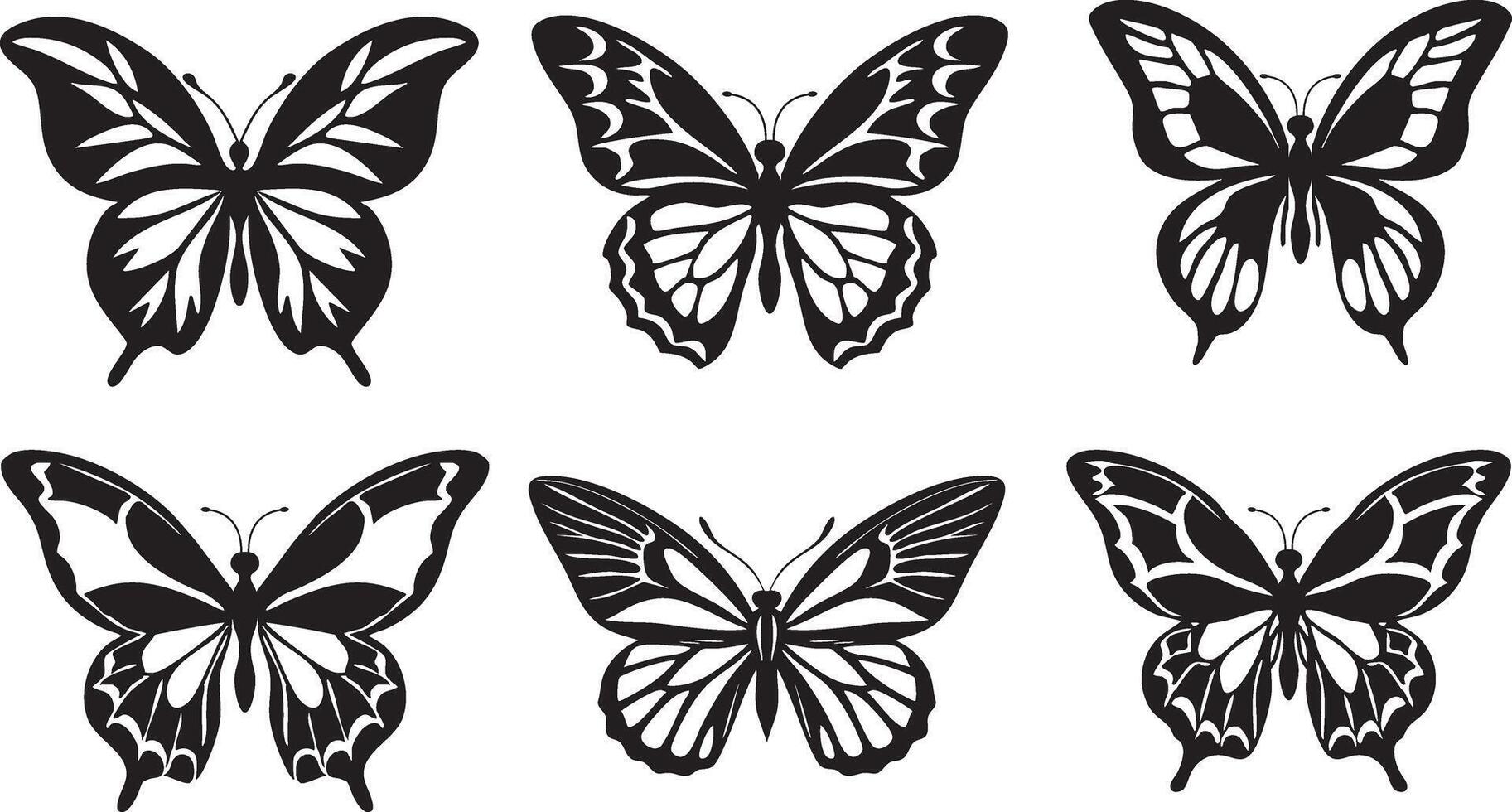 Six Black Silhouette Butterflies With Intricate Wing Patterns On White butterfly black and white vector
