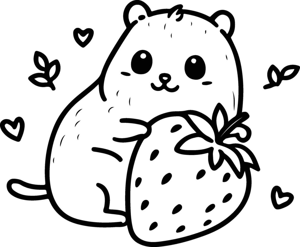 Cute cartoon hamster holding a strawberry with hearts and leaves fruit vector