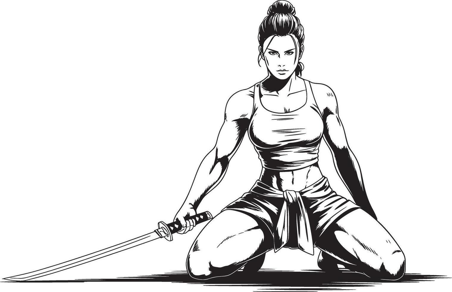 Muscular woman kneeling with katana sword in black and white female warrior vector