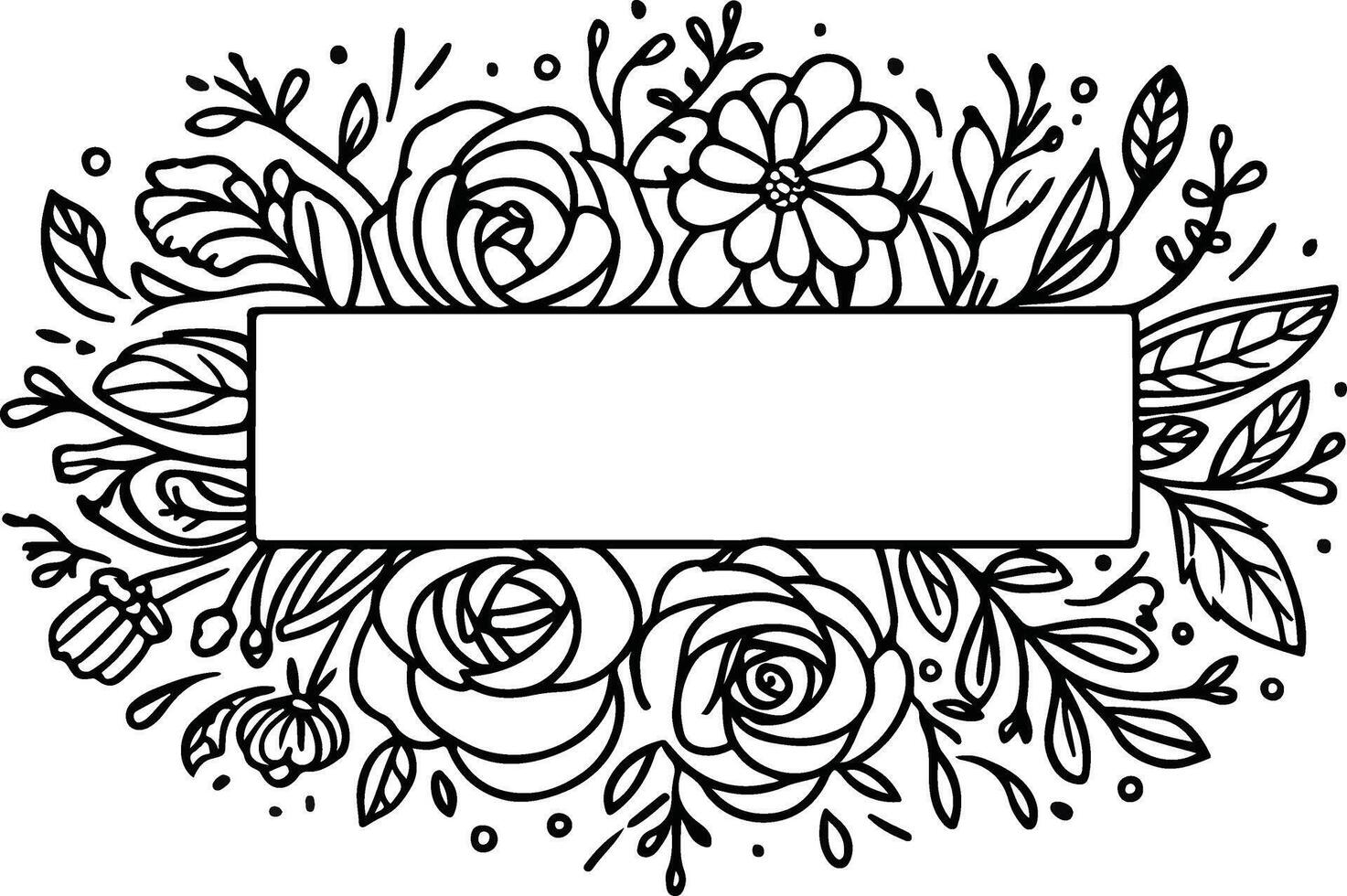 Black and white floral frame with empty rectangle for text flower border botanical illustration vector