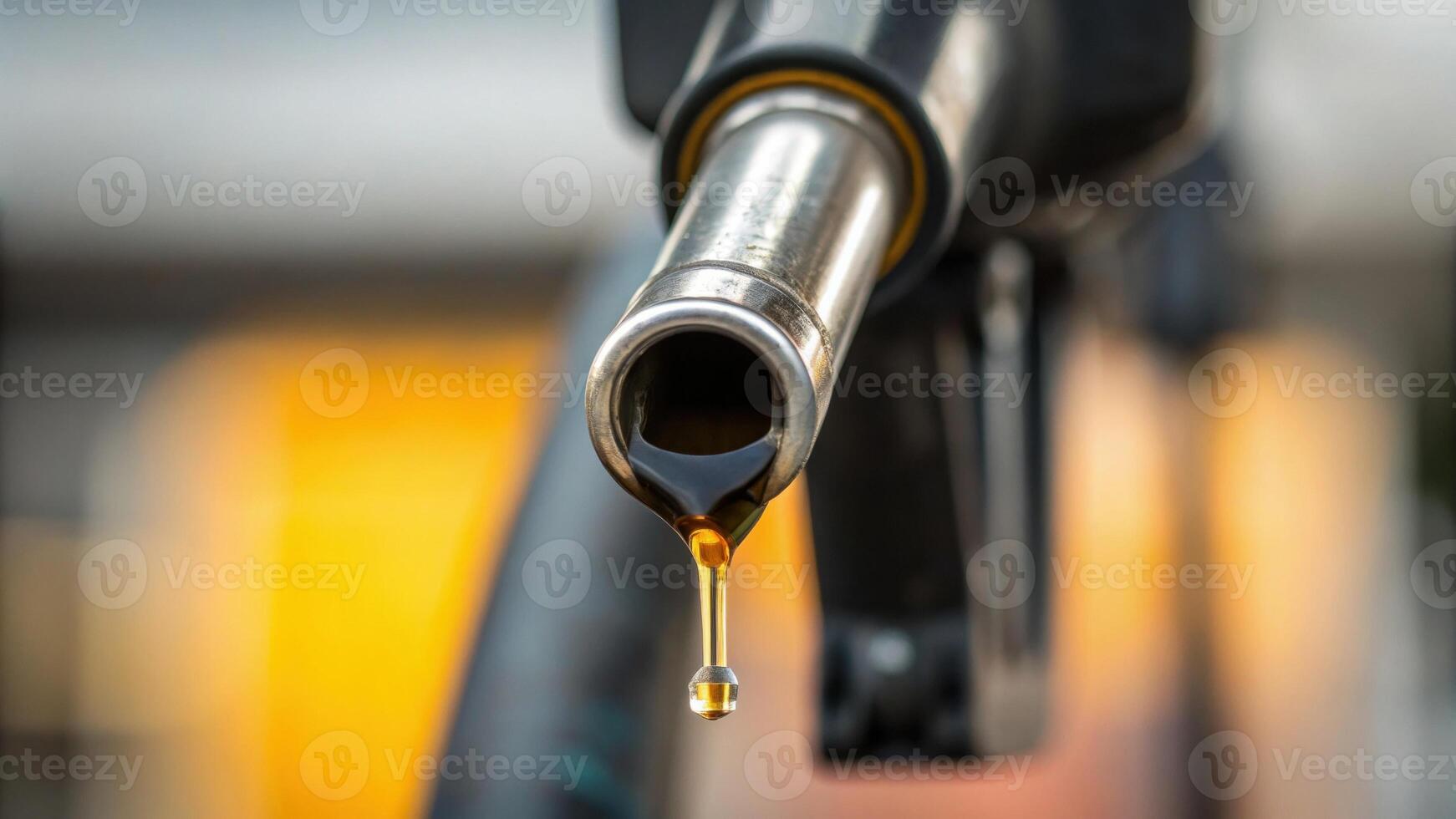 Close-up of a fuel nozzle dispensing a drop of gasoline at a gas station with a blurred yellow background. photo