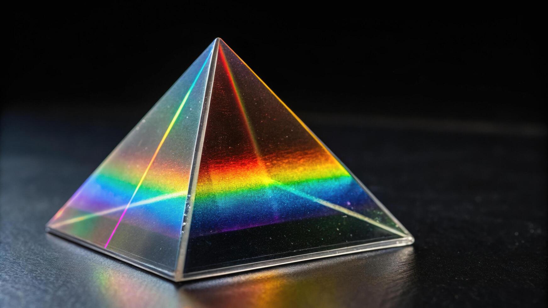 A transparent glass pyramid prism disperses white light into a vibrant rainbow spectrum on a dark surface. photo