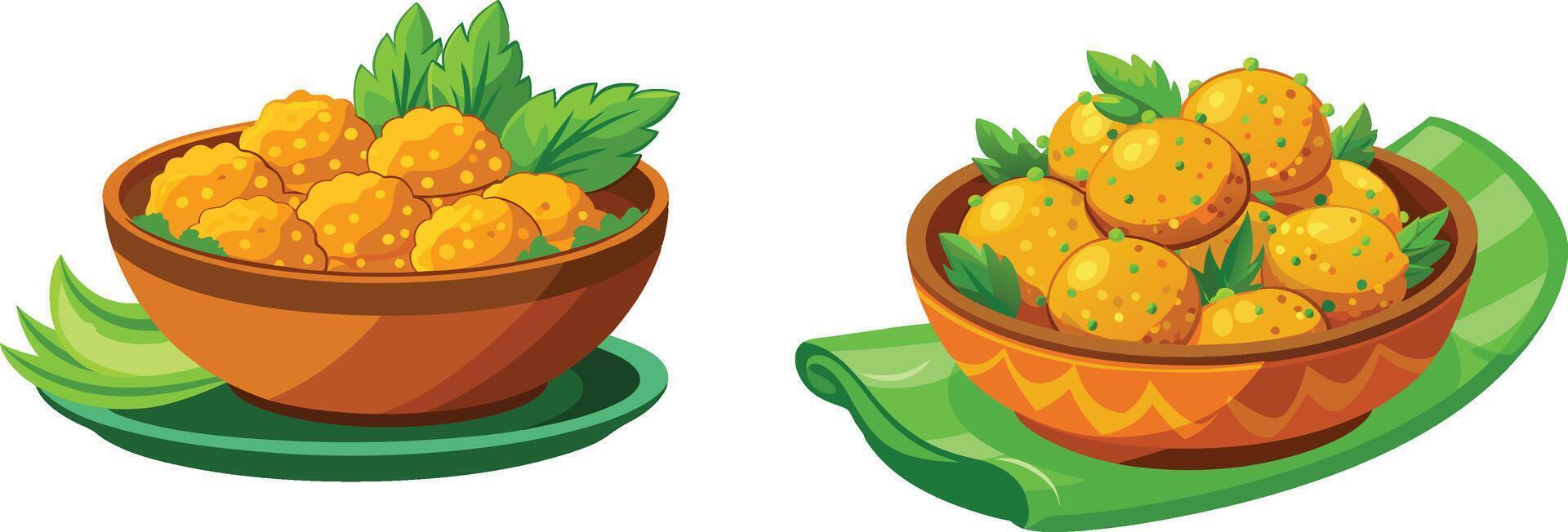 Two pots with yellow fruit in them vector