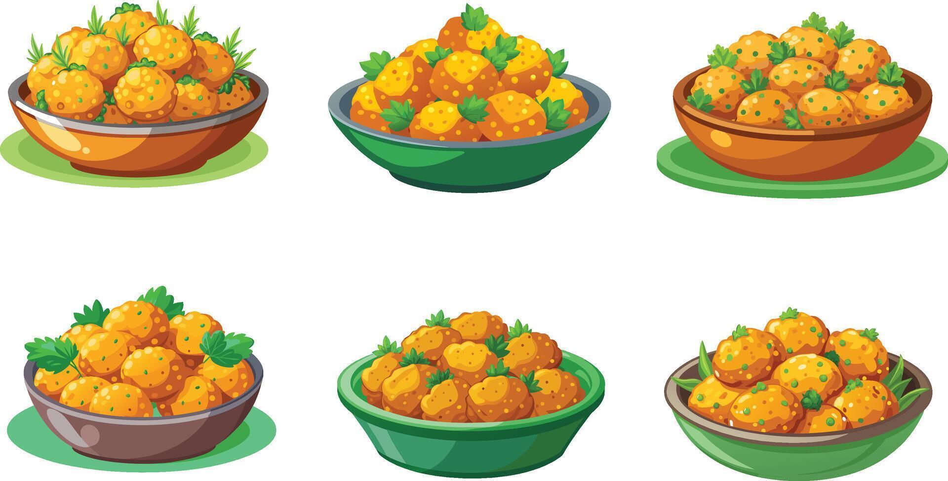 A set of six bowls with different types of fruit vector
