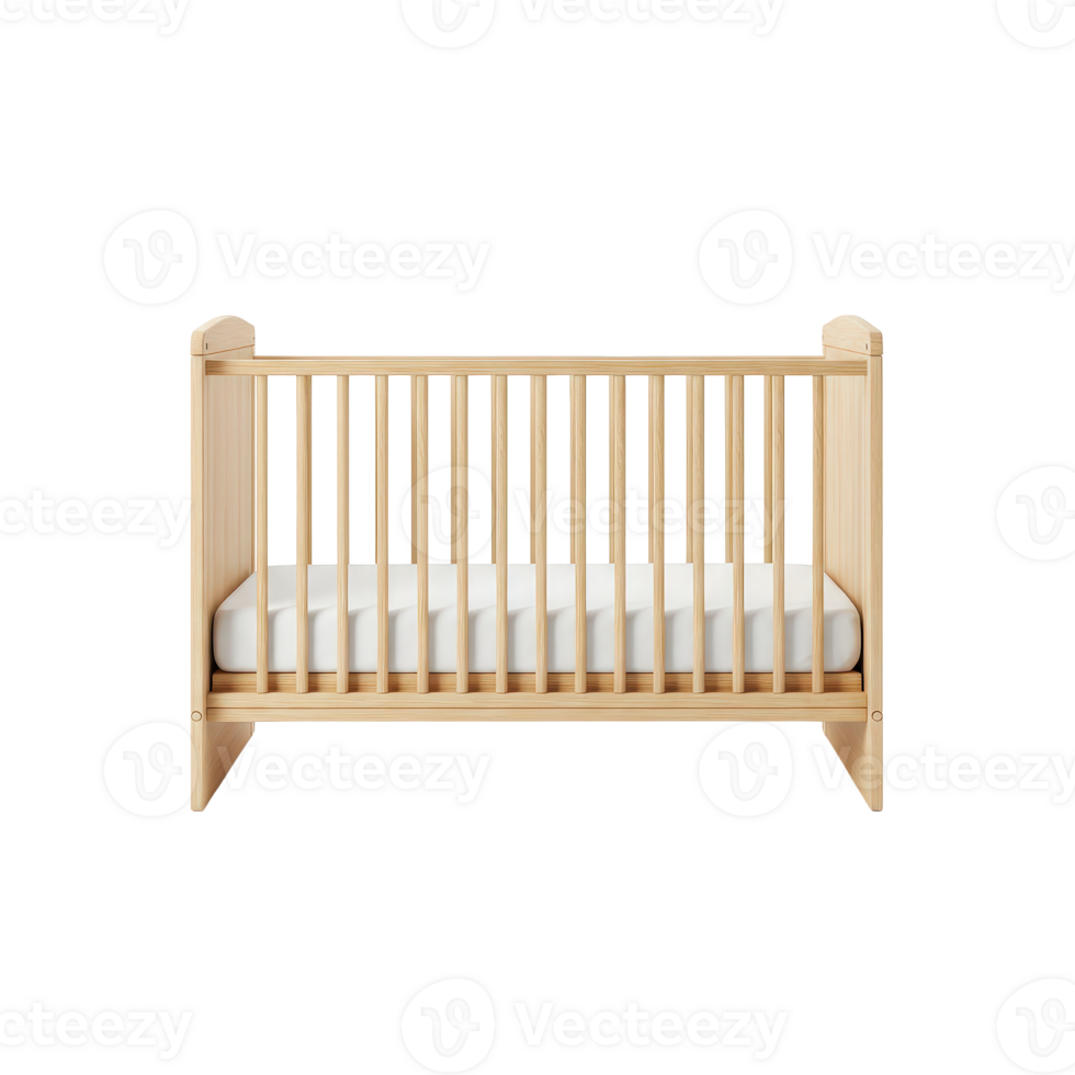 Modern natural wooden baby crib with vertical slats and a white mattress png