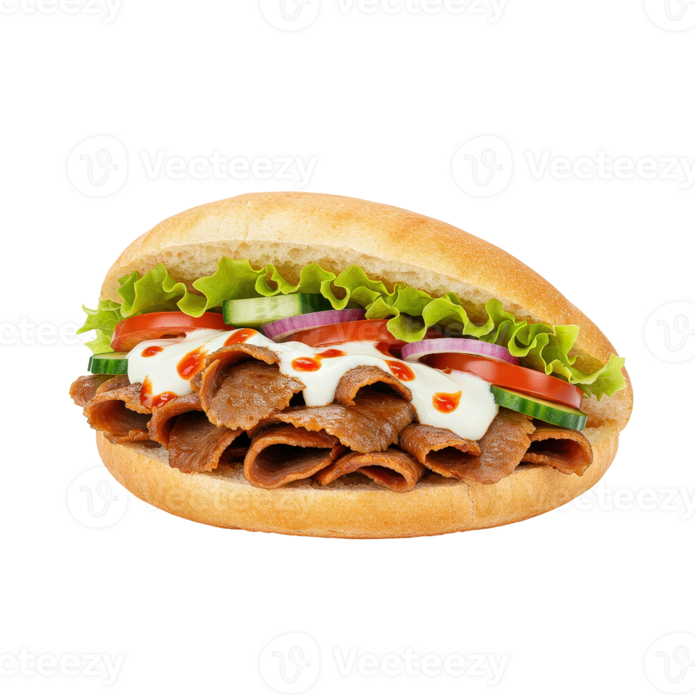 Doner kebab sandwich with meat, fresh vegetables and sauces in a round bread a classic meal png