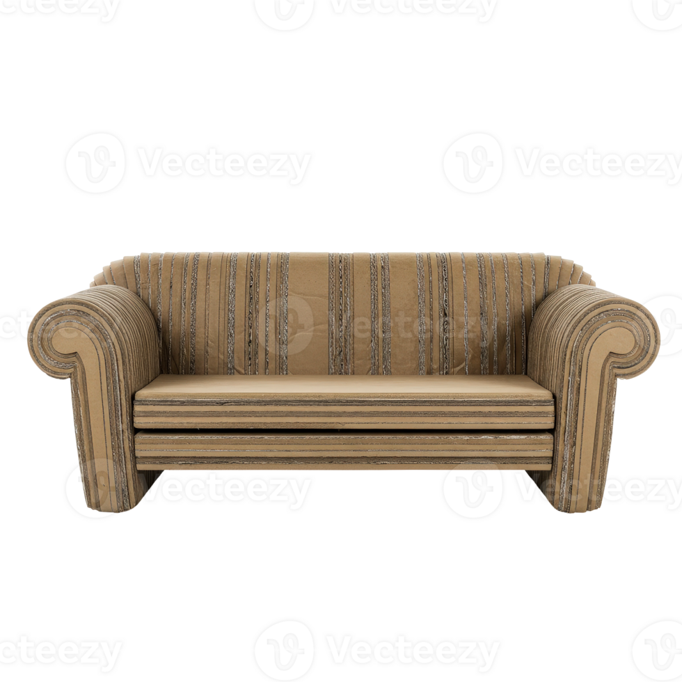 Unusual two-seater sofa made from corrugated cardboard layers with a striped pattern png