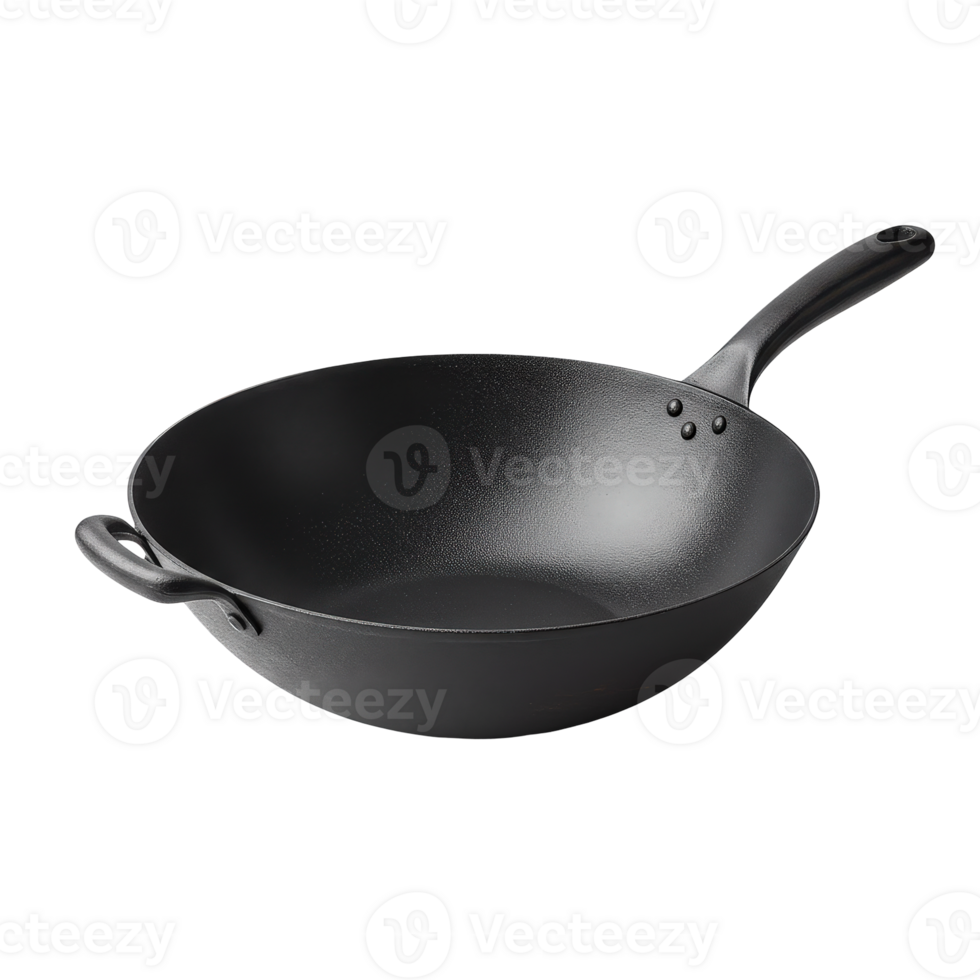 Black cast iron wok with one long handle and an opposite helper handle for cooking ease png