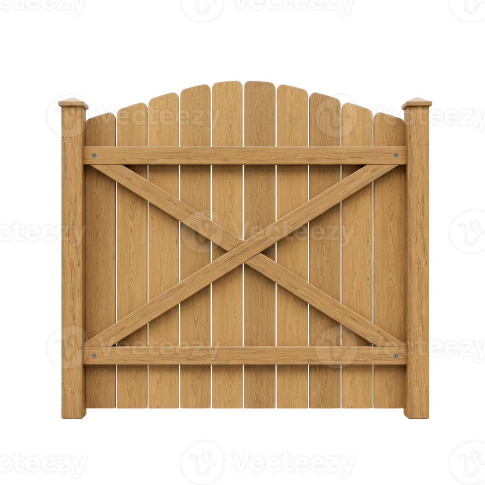 Wooden garden gate with an arched top and posts a classic rustic entrance element design png