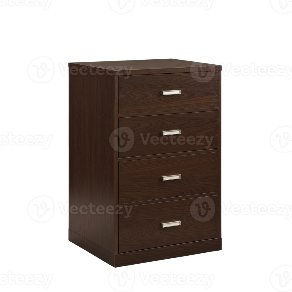 Elegant dark brown four-drawer filing cabinet with polished silver drawer pulls png