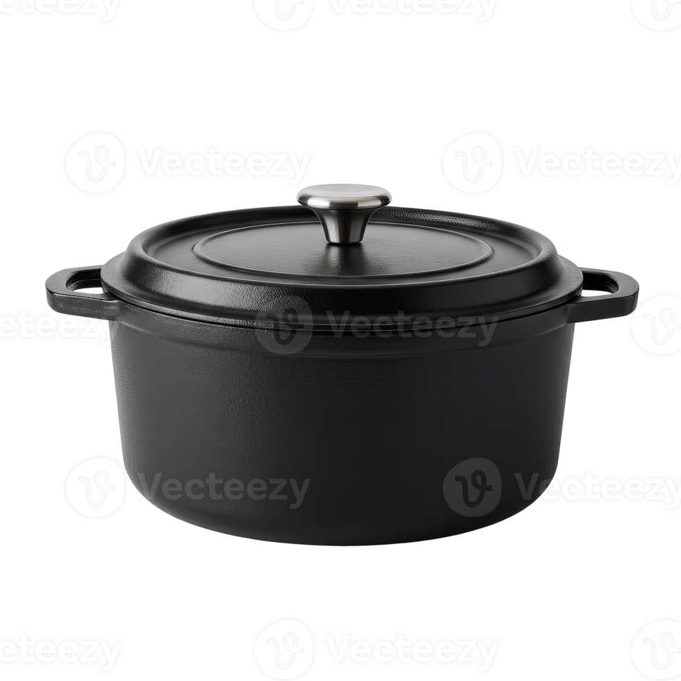 Black cast iron pot with lid and side handles, versatile kitchen cookware png