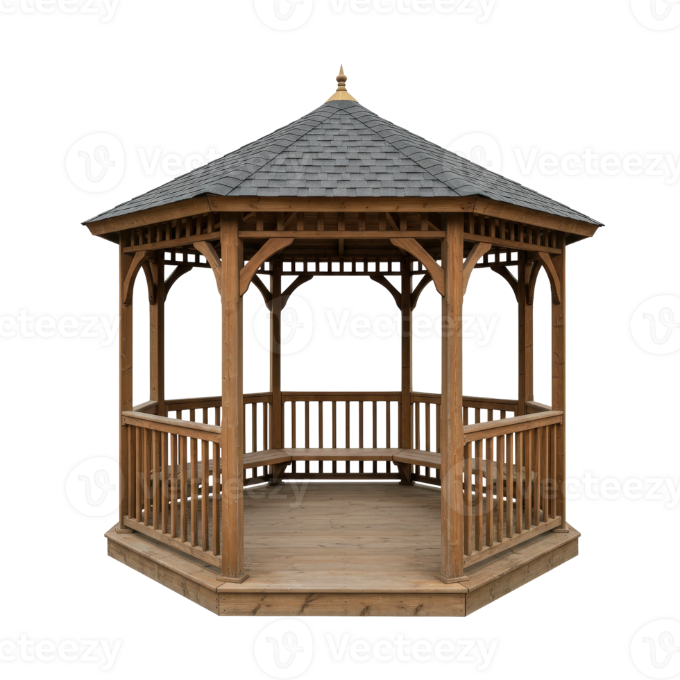 Wooden garden gazebo with shingle roof and benches a classic outdoor relaxation structure png