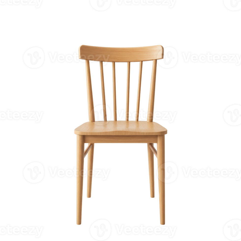 Elegant light wooden dining chair featuring a classic spindle back and a minimalist design png