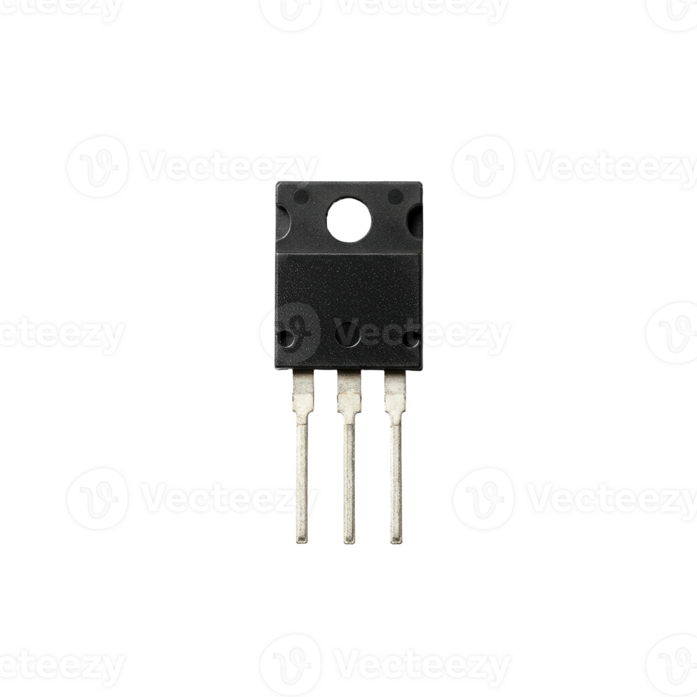 A single black power transistor electronic component with three silver metal conductor leads png