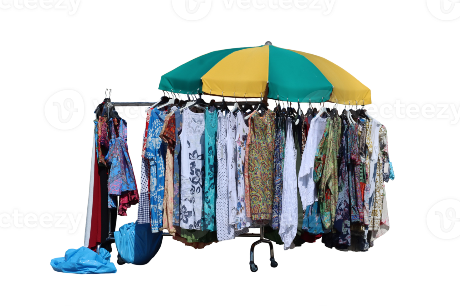 Clothes rack displaying colorful summer fashion at an outdoor market with transparent background png