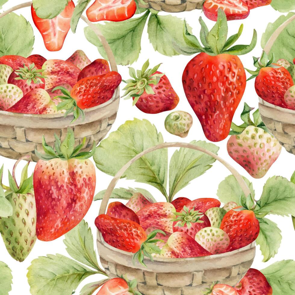 Colorful watercolor strawberries in baskets vector