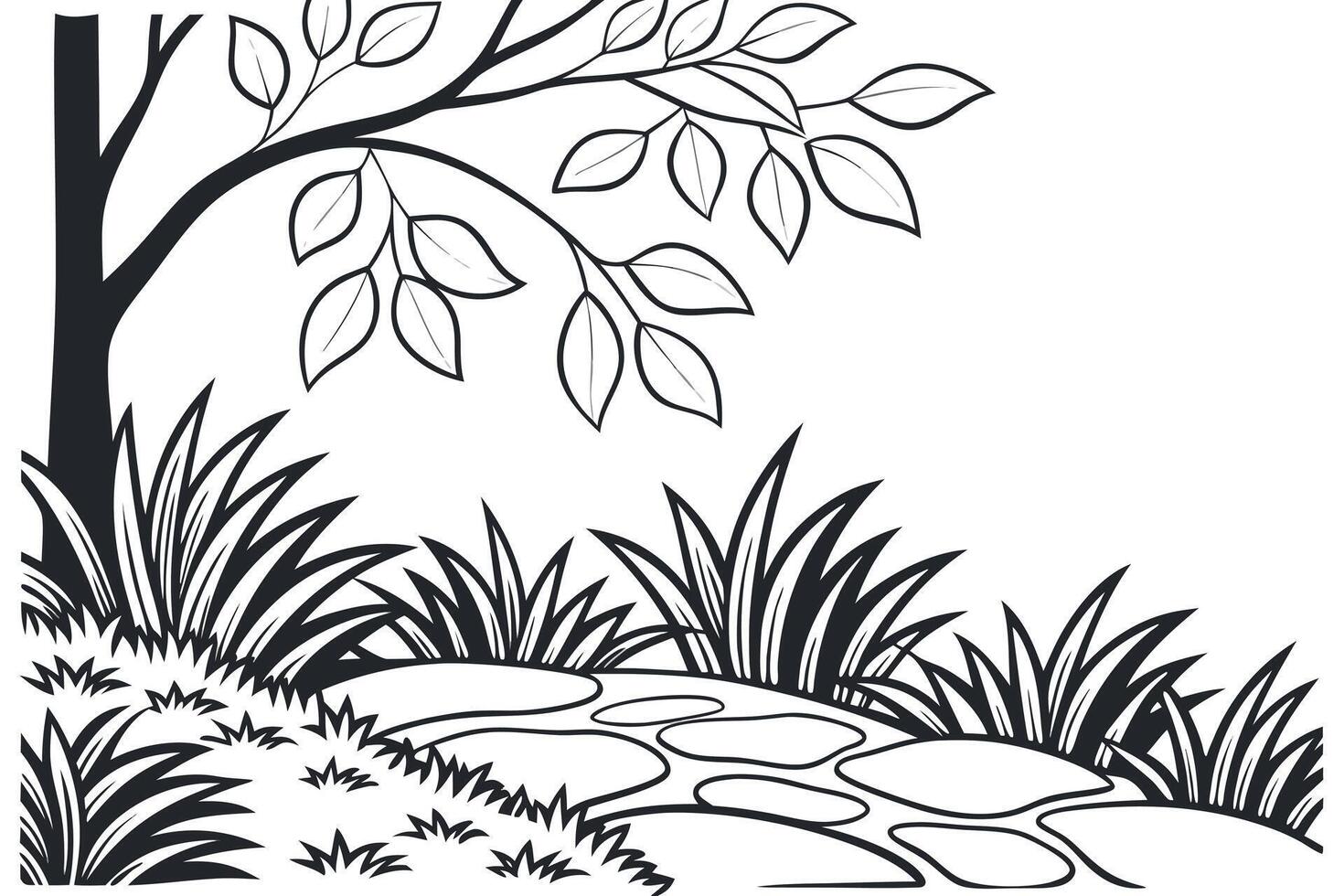 Monochrome tree foliage and grass with stone path leaves vector