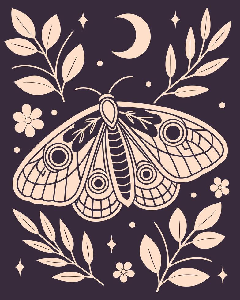 Moth with Crescent Moon and Floral Elements insect vector