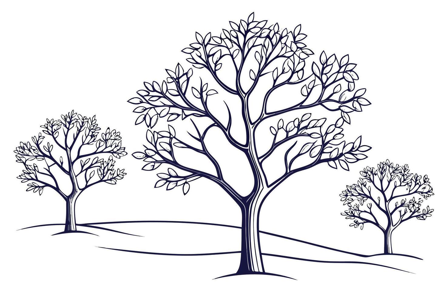 Three dark blue line art trees on white background vector