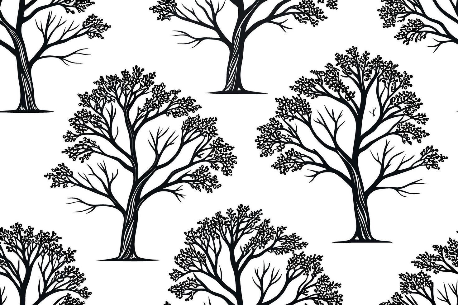 Black and white sketch trees pattern on white background vector