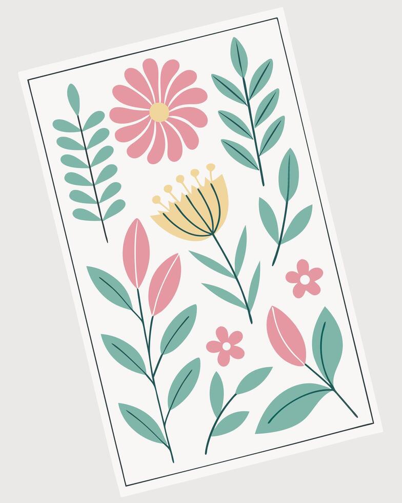 Pink yellow and teal floral illustration with leaves vector