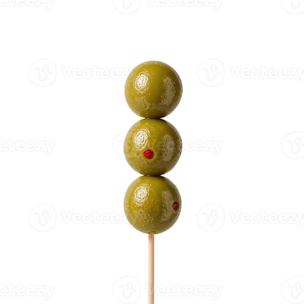 Glossy green olives skewered on a toothpick, isolated on a transparent backdrop, showcasing png