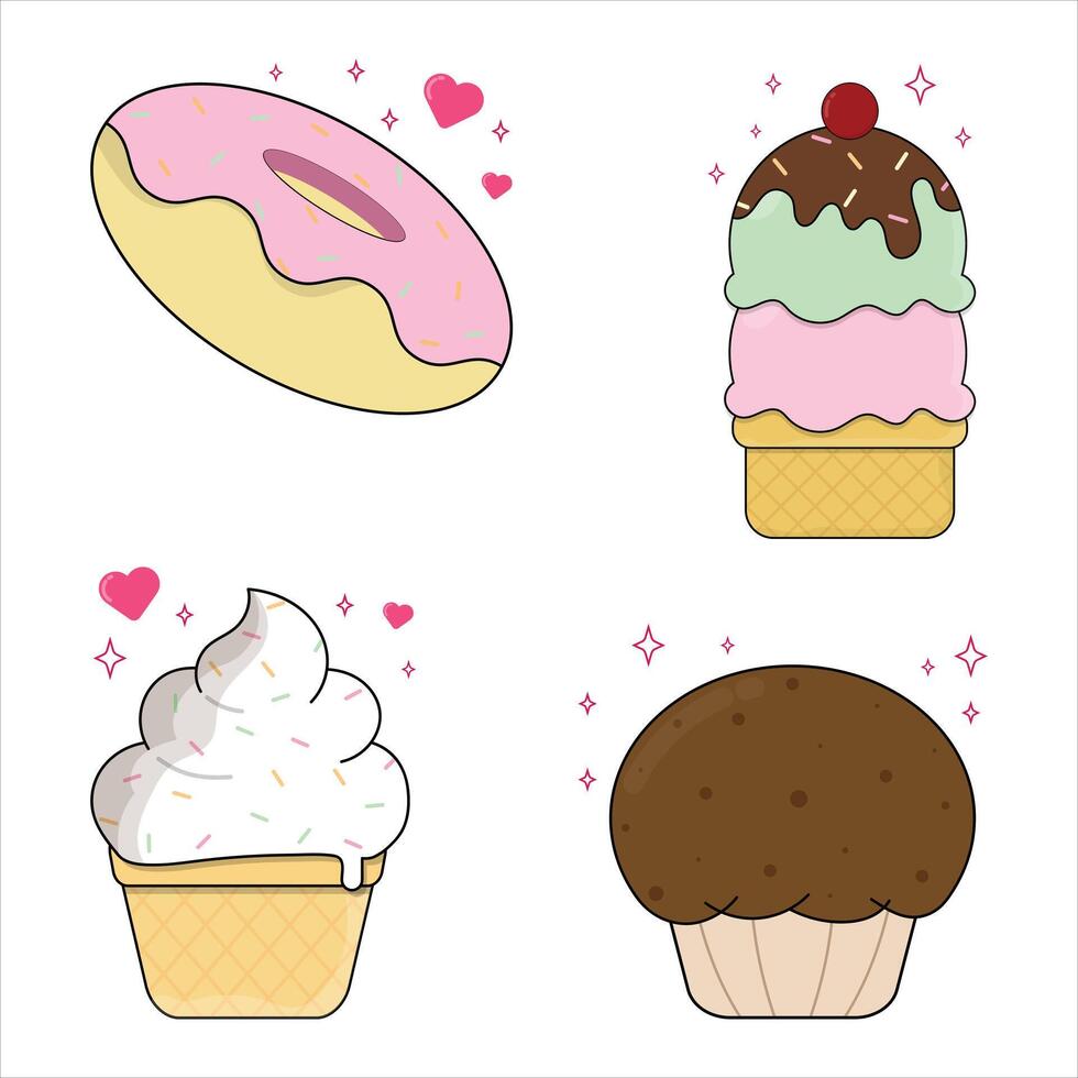 Sweet And Delicious Desserts And Bakery Products Such As Ice Cream Cone Donuts And Cupcakes vector