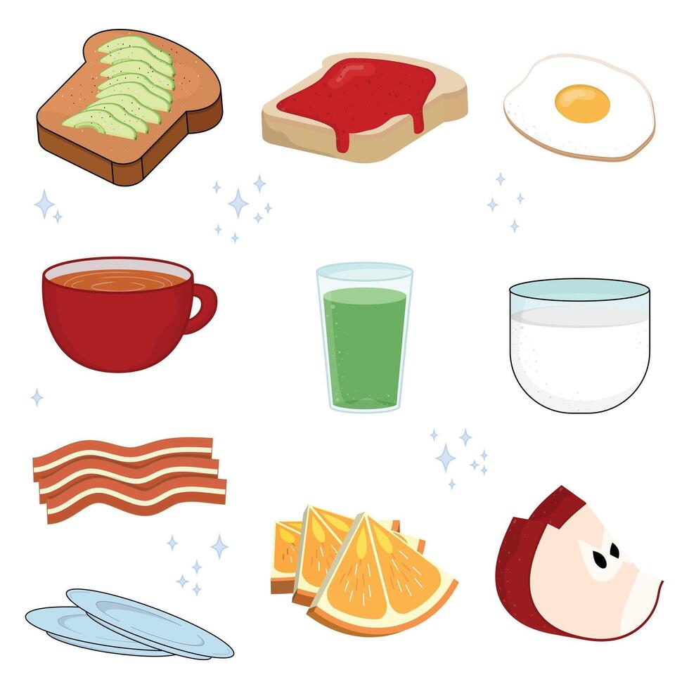 Breakfast foods and drinks in a colorful layout vector